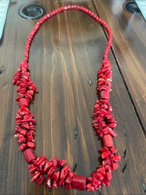 Vintage Red Dyed Shell Chip Bead Statement Necklace Boho 30”